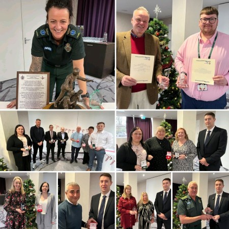 Picture of multiple colleagues with their awards. Some staff our pictured with the Chief Executive, Richard Henderson.