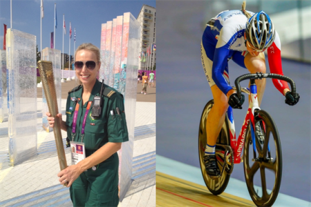 Samantha with olympic torch and on her bike