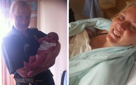 Photo of Ella with crew member of her birthday and her mother on the day of her birth.jpeg